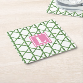 Porta-copo De Papel Quadrado Monograma do Padrão de Bamboo Preppy Green Trellis