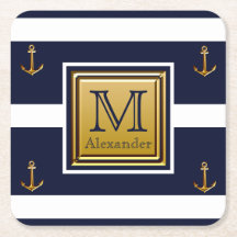 Monograma Dourado Azul Anchor Náutico Moderno