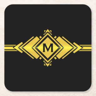 Porta-copo De Papel Quadrado Monograma Dourado & preto da correia do art deco