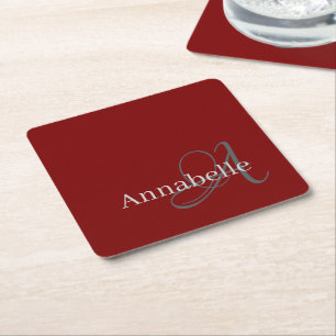 Porta-copo De Papel Quadrado Monograma e nome vermelho mínimo e simples