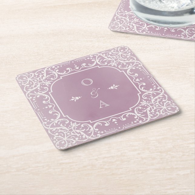 Porta-copo De Papel Quadrado Monograma elegante da safra romântica Mauve (Inclinado)