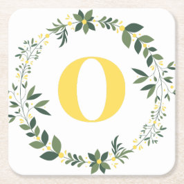 Porta-copo De Papel Quadrado Monograma em O em Dourado/Limão com um Anel Floral