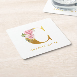 Porta-copo De Papel Quadrado Monograma Faux Nome Dourado inicial Personalizar