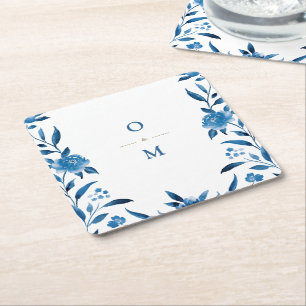 Porta-copo De Papel Quadrado Monograma floral azul de Chinoiserie Casamento
