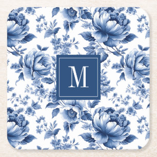 Porta-copo De Papel Quadrado Monograma Floral Azul Elegante