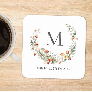 Porta-copo De Papel Quadrado Monograma Floral Botânico Caprichoso Aquarela 