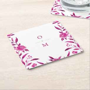 Porta-copo De Papel Quadrado Monograma floral cor de rosa Chinoiserie Casamento