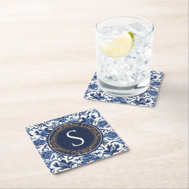 Porta-copo De Papel Quadrado Monograma Floral de Chinoiserie Azul e Branco