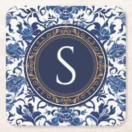 Porta-copo De Papel Quadrado Monograma Floral de Chinoiserie Azul e Branco