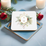 Porta-copo De Papel Quadrado Monograma Floral de Natal Simples<br><div class="desc">Esta bela porta copos botânica de inverno apresenta buquês de rosas de marfim e flores,  groselhas vermelhas,  flocos de neve de abeto e ouro em volta de uma elegante etiqueta de ouro para seu monograma em um fundo de cinza de pérolas pálidas. Inclui campos de texto editáveis.</div>