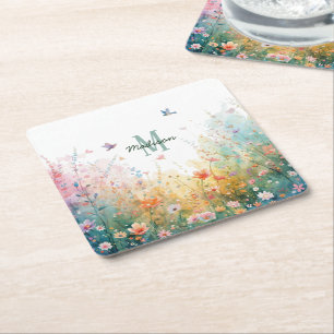 Porta-copo De Papel Quadrado Monograma Floral de Pássaros de Aquarela de Primav