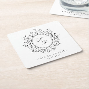 Porta-copo De Papel Quadrado Monograma Floral Elegante Simples Casamento Vintag