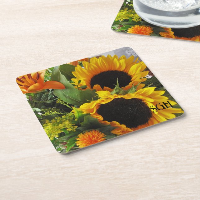 Porta-copo De Papel Quadrado Monograma Gorgeous Sunflower Impressão (Inclinado)
