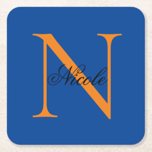 Porta-copo De Papel Quadrado Monograma Inicial Manuscrito Nome Próprio Azul Esc
