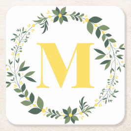 Porta-copo De Papel Quadrado Monograma M em Dourado/Limão com Anel Floral