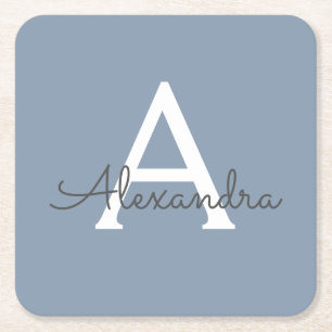 Porta-copo De Papel Quadrado Monograma Moderno Minimalista Dusty Blue Elegante