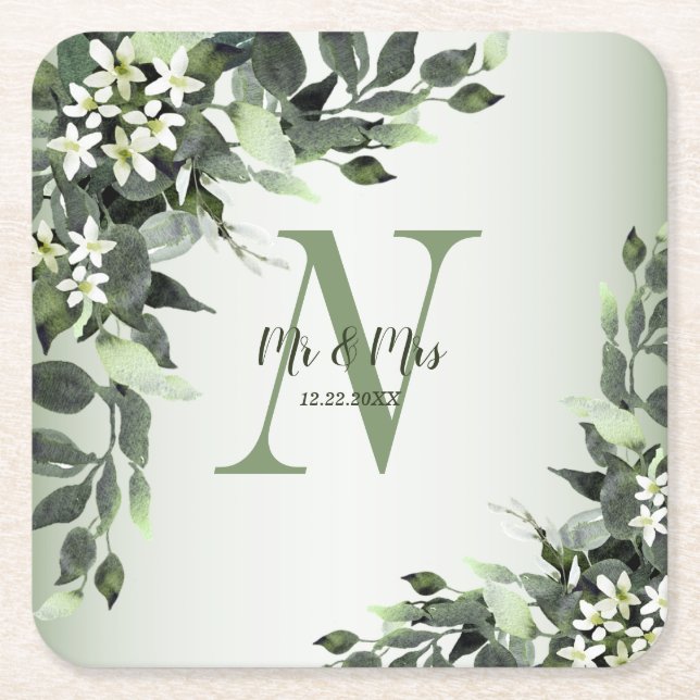 Porta-copo De Papel Quadrado Monograma Nome Casamento Greenery Folhas Florais (Frente)