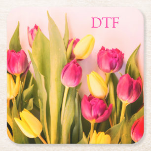 Porta-copo De Papel Quadrado Monograma/Nome Cor-de-rosa com Y, Tulipas cor-de-r