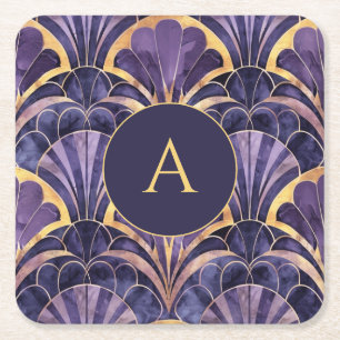 Porta-copo De Papel Quadrado Monograma Personalizado Art Déco Elegante Roxo Dou