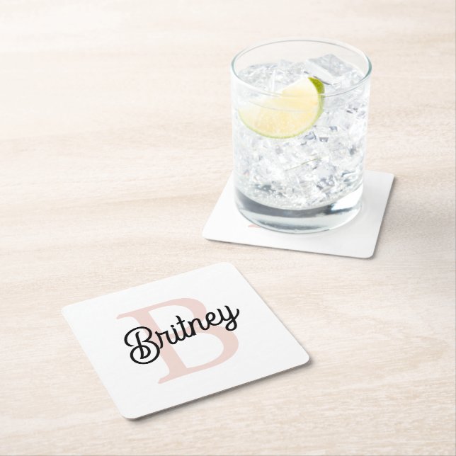 Porta-copo De Papel Quadrado Monograma Personalizado Moderno e Nome Pastel Rosa (Insitu)