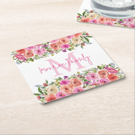 Porta-copo De Papel Quadrado Monograma | Personalizar | Aquarela | Floral