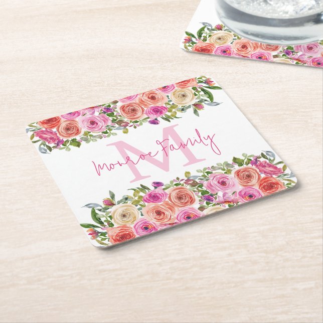 Porta-copo De Papel Quadrado Monograma | Personalizar | Aquarela | Floral (Inclinado)