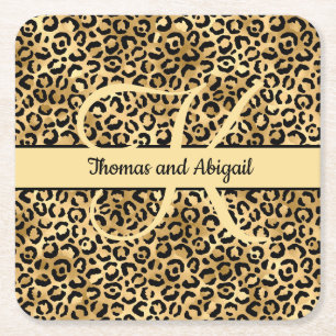 Porta-copo De Papel Quadrado Monograma preto Leopardo-Dourado Imprime Cheetah A