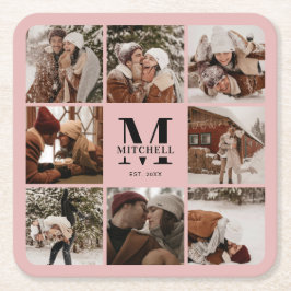 Porta-copo De Papel Quadrado Monograma Rosa Elegante Nome da Família Inicial Fo