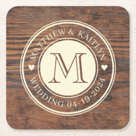 Porta-copo De Papel Quadrado Monograma Russo do Coração Casado na Noz Escura