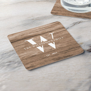 Porta-copo De Papel Quadrado Monograma Rústico Moderno Nome da Família Madeira 