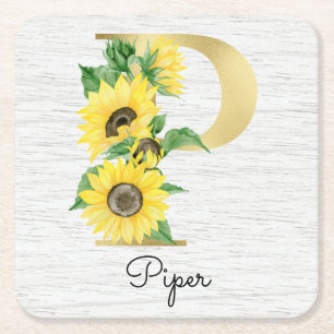 Porta-copo De Papel Quadrado Monograma Sol Flor de Girassol Inicial P em Ouro