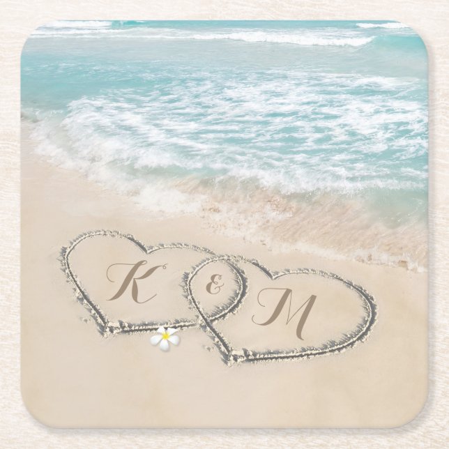 Porta-copo De Papel Quadrado Monograma Tropical Beach Heart Shore (Frente)