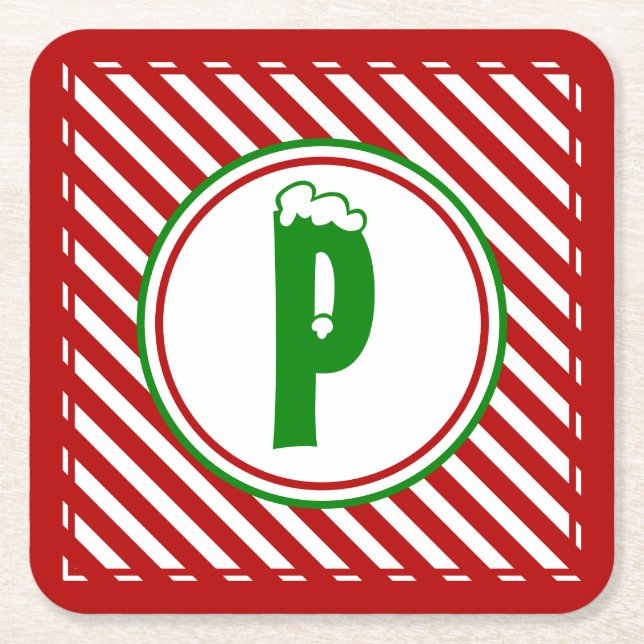 Porta-copo De Papel Quadrado Monograma Vermelho/Branco de Candy Cane (Frente)