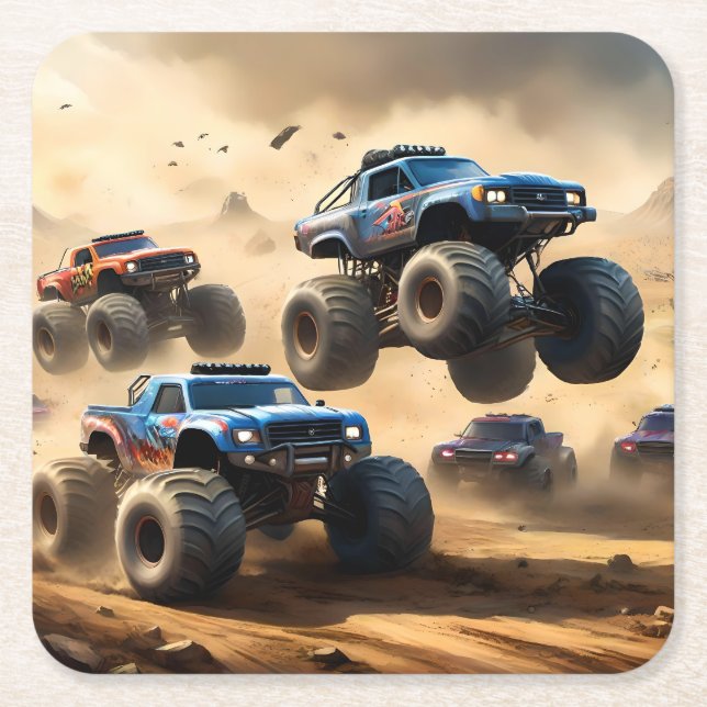 Porta-copo De Papel Quadrado Monster Trucks Correndo No Deserto, (Frente)