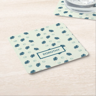 Porta-copo De Papel Quadrado Monstera tropical deixa monograma em azul
