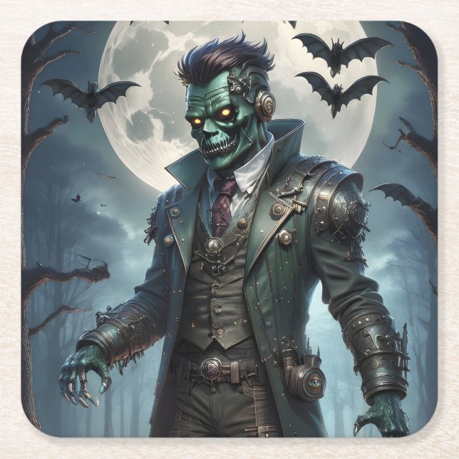 Porta-copo De Papel Quadrado Monstro de Frankenstein Steampunk do Halloween (Frente)