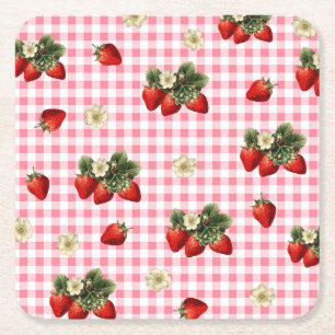Porta-copo De Papel Quadrado Morango e papel fofo de gingham vermelho