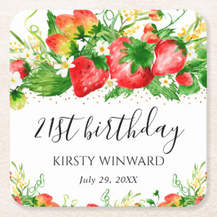 Porta-copo De Papel Quadrado Morangos e Flores em Aquarela Aniversário