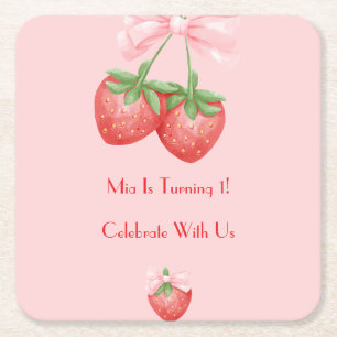 Porta-copo De Papel Quadrado Morangos rosa e vermelho aniversário 