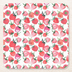 Porta-copo De Papel Quadrado Morangos Vermelhos Suculentos Padrão de Aquarela