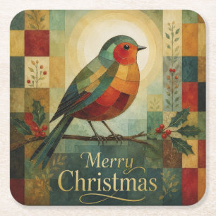 Porta-copo De Papel Quadrado Mosaico de Natal Robin Pássaro Azevinho Fruta