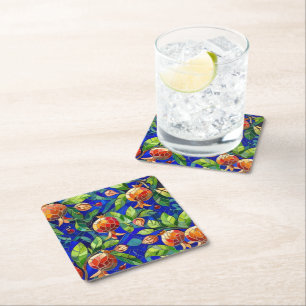 Porta-copo De Papel Quadrado Mosaico Pomegranato Azul Escuro e Fruta Vermelha