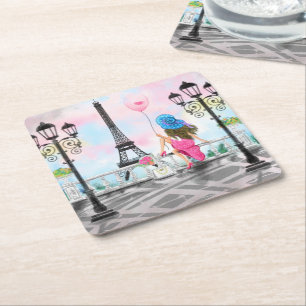 Porta-copo De Papel Quadrado Mulher bonito e Balão de Coração Rosa - Eu Amo 