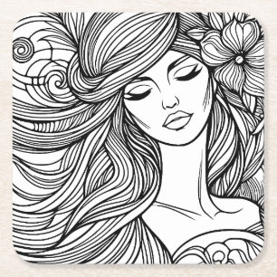 Porta-copo De Papel Quadrado Mulher com flor na página colorida de linhagem cap