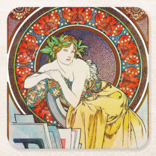 Porta-copo De Papel Quadrado Mulher com Poppy, Mucha