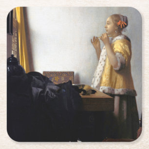 Porta-copo De Papel Quadrado Mulher com um Colar de Pérolas, Johannes Vermeer