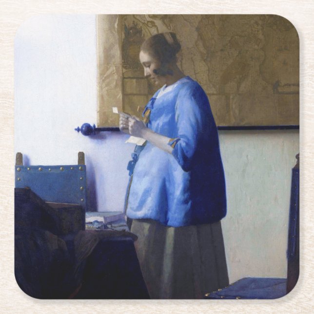 Porta-copo De Papel Quadrado Mulher de Azul, Johannes Vermeer (Frente)