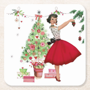 Porta-copo De Papel Quadrado Mulher do Natal de 1950 com árvore de Natal