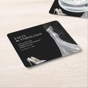 Porta-copo De Papel Quadrado Mulher Elegante Fabulosa Vestido Prata 50º Anivers