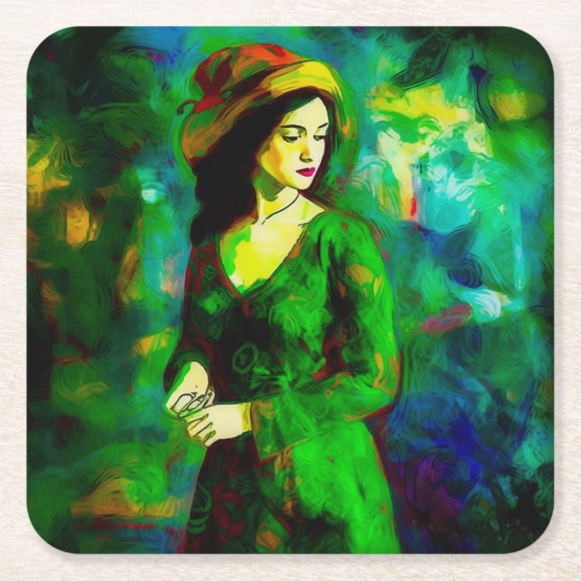 Porta-copo De Papel Quadrado Mulher em Chapéu (Frente)